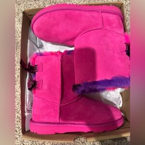 UGG Vibrant Pink Boots with Multicolor Fur- big girls size 5